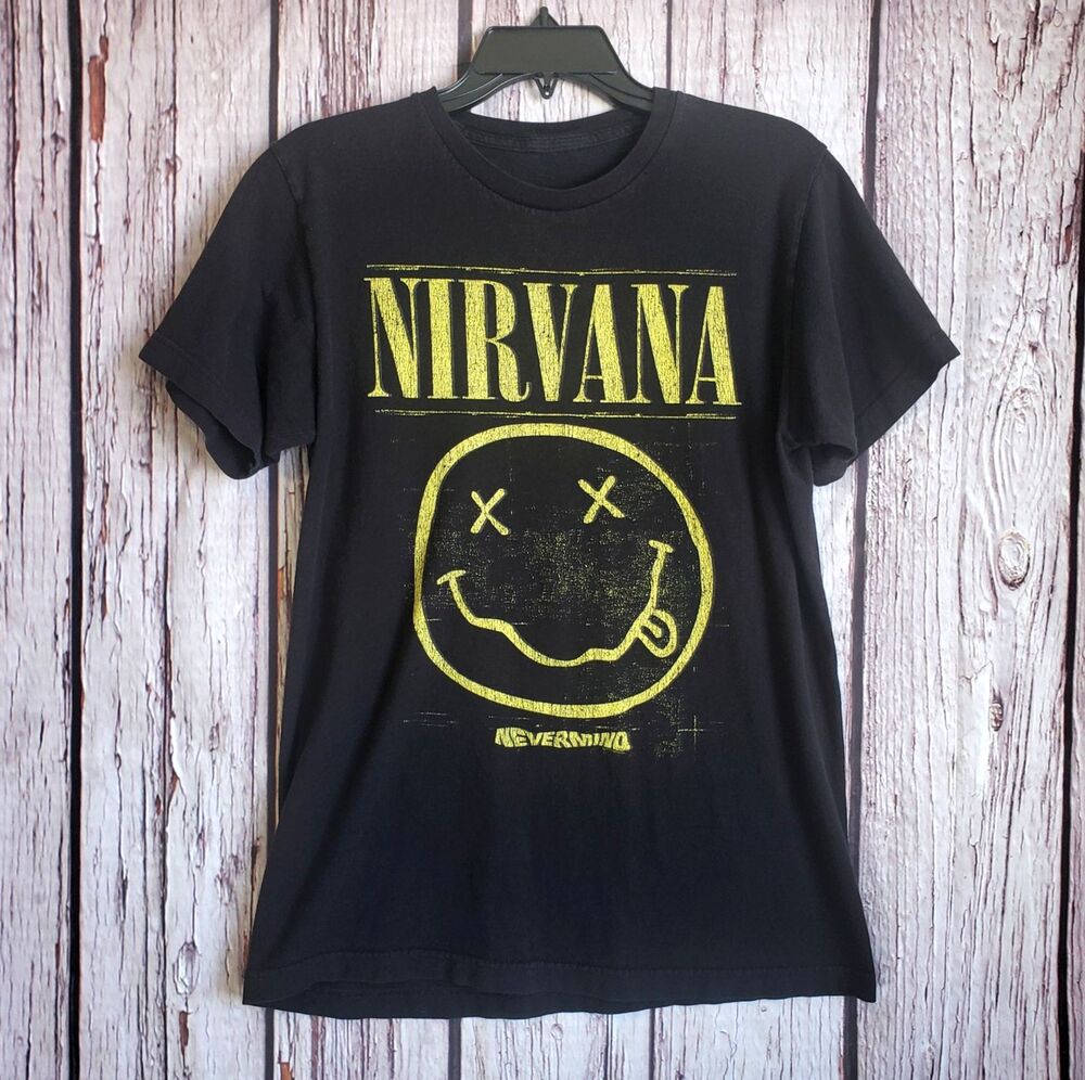 Nirvana Small Smiley Shirt Nevermind T-Shirt Mens Black Band Rock Kurt obain